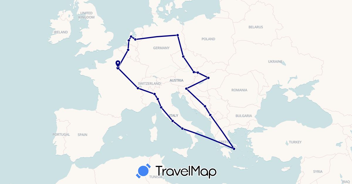 TravelMap itinerary: driving in Austria, Bosnia and Herzegovina, Belgium, Switzerland, Czech Republic, Germany, France, Greece, Hungary, Italy, Montenegro, Netherlands, Slovenia, Slovakia (Europe)